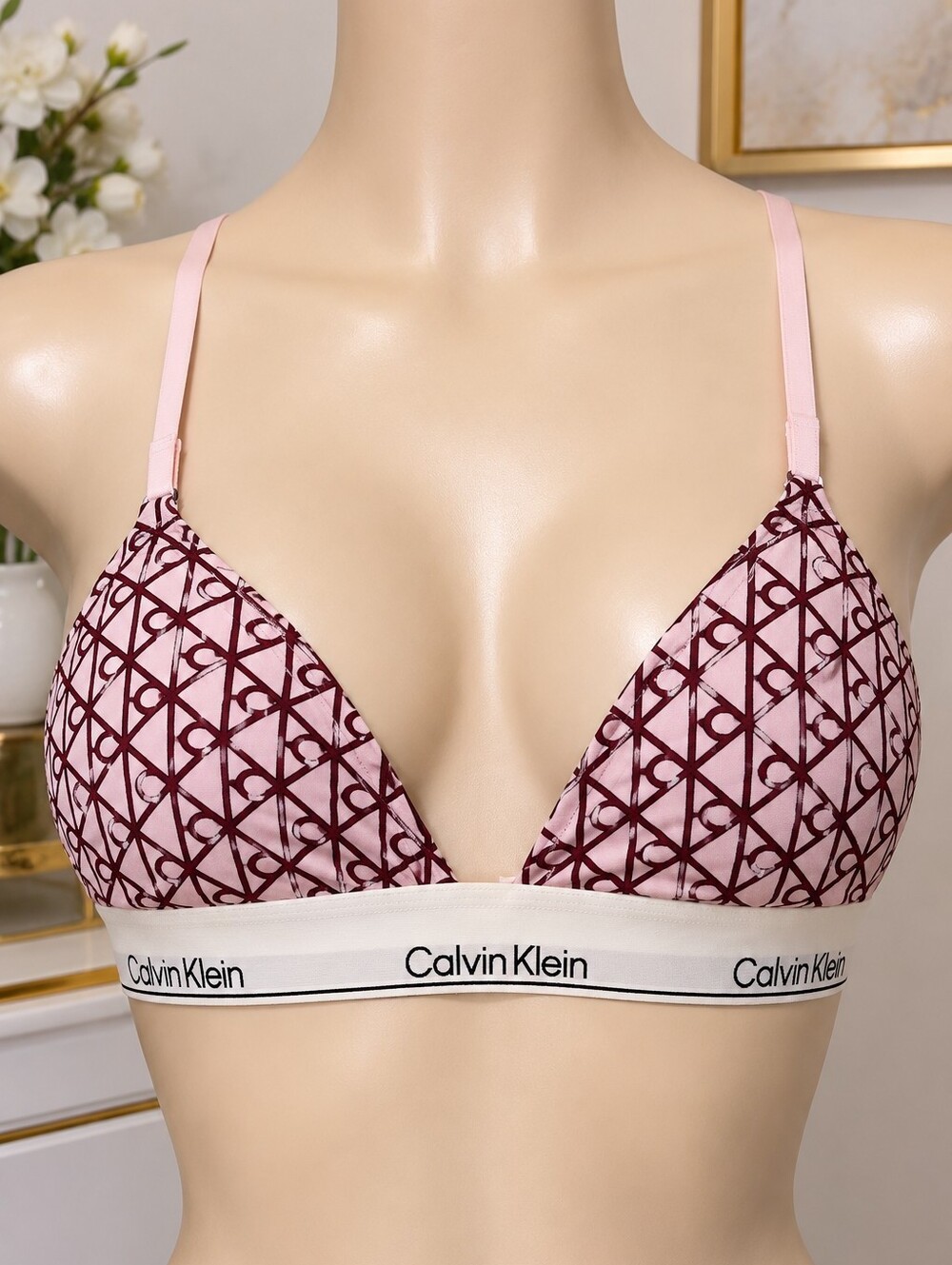 Calvin Klein Light Pink Bralette with Maroon Geometric Print